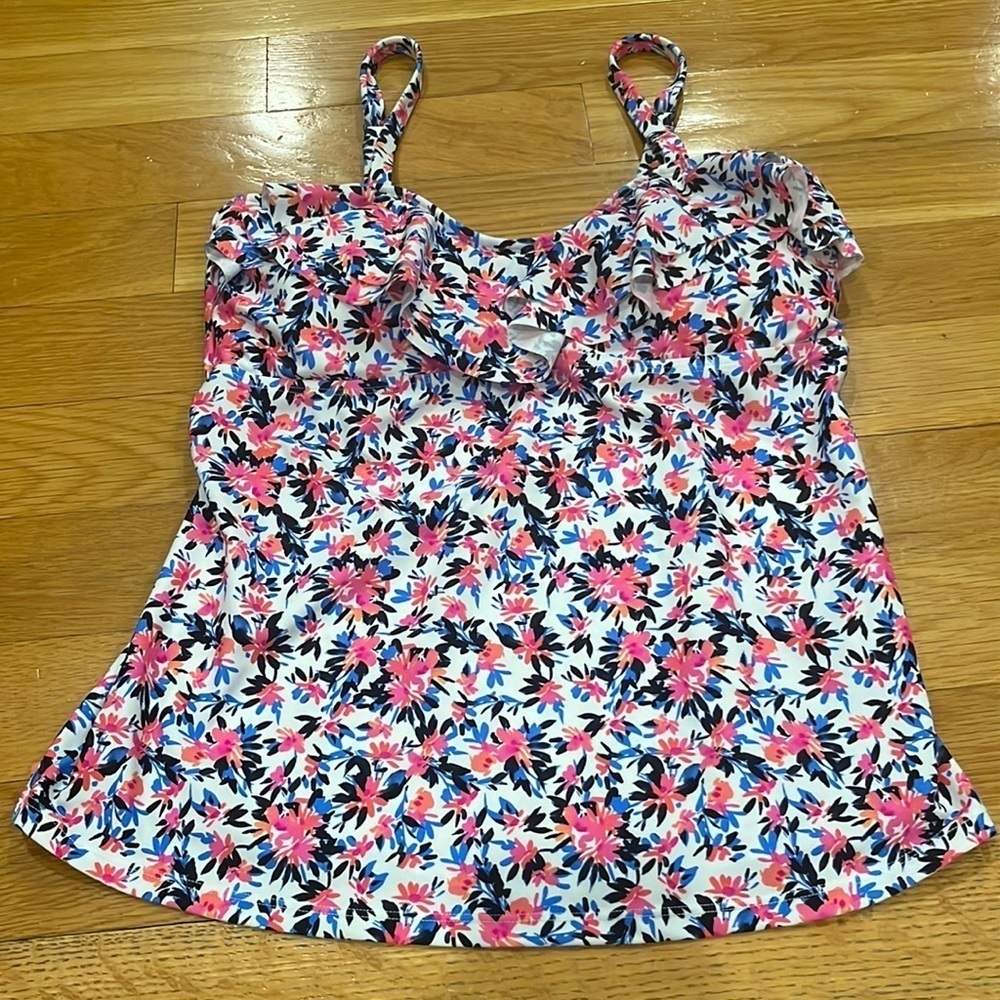Island Escape womens ruffles floral swim top size 14.